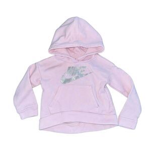 Nike Girl's Club Fleece Hi Low Pullover Hoodie in Pink & Silver Logo Size 2T